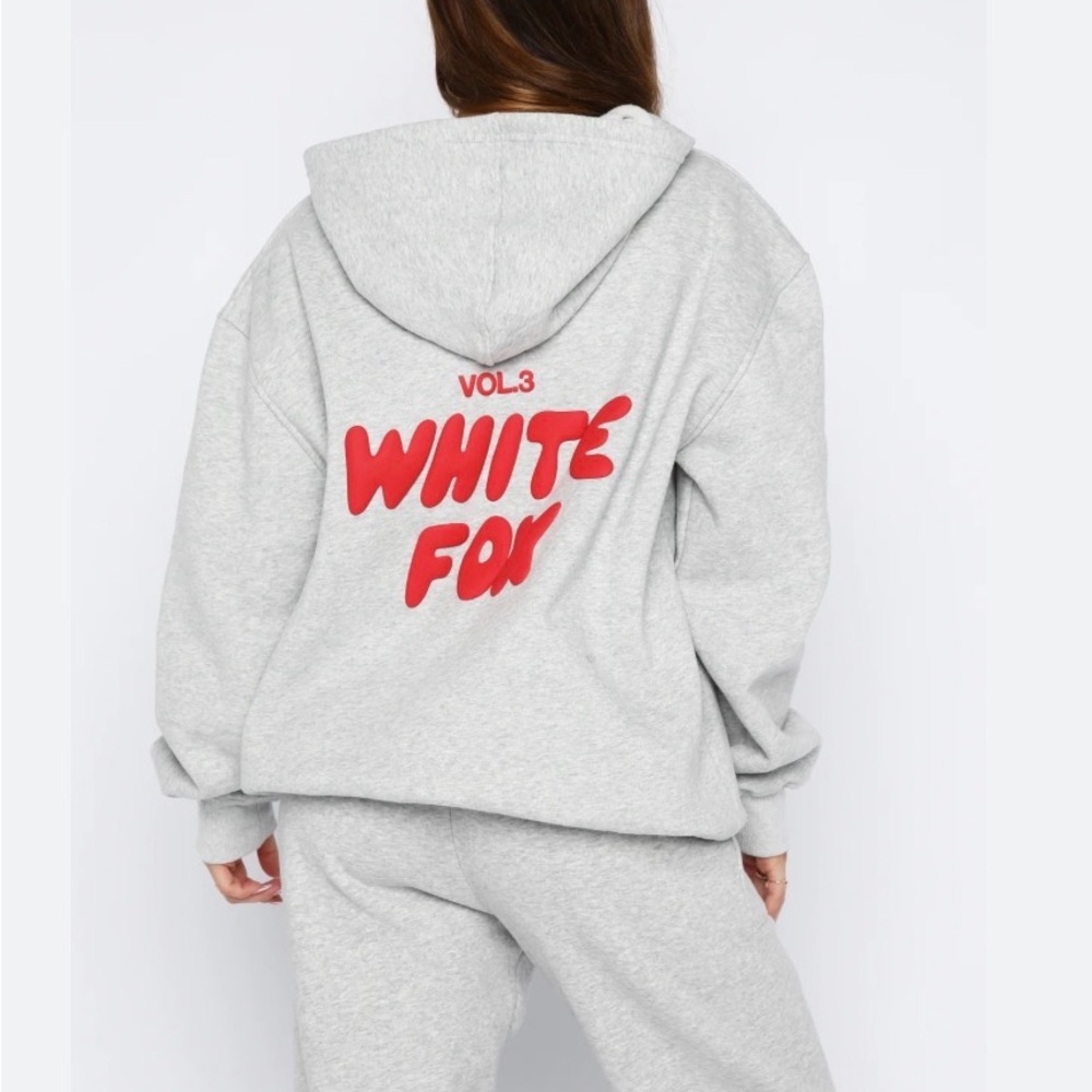 White Fox Boutique Grey Hoodie with Red Back Graphic